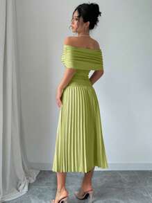 Chiquease Đầm Maxi Xếp Ly Trễ Vai Màu Mơ Cho Nữ - màu xanh lá - Xem 2