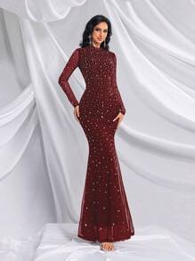 QOQ Vestido de cola de pez de manga larga con cuello alto, unicolor elegante, con adornos de strass, adecuado para banquetes, galas, fiestas de cumpleaños y otras ocasiones de boda - Burdeos - Ver 6
