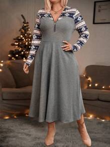 Plus Size Women's Snowflake Pattern Zip-Up Half-Placket Long Sleeve Casual Dress,Christmas