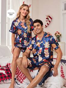 Bộ đồ ngủ nam bằng lụa giả in họa tiết ve áo theo chủ đề Giáng sinh - Màu xanh lam - Xem 6