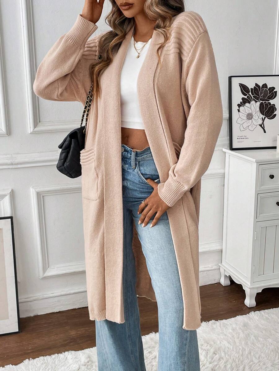 SHEIN LUNE Áo khoác cardigan dài hai túi màu trơn thường ngày cho nữ, mùa thu/đông - Màu be - Xem 1