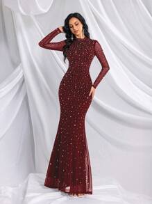 QOQ Vestido de cola de pez de manga larga con cuello alto, unicolor elegante, con adornos de strass, adecuado para banquetes, galas, fiestas de cumpleaños y otras ocasiones de boda - Burdeos - Ver 5