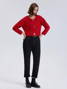 休闲纯色前扣落肩宽松开衫，带口袋，适合秋冬季日常穿着 - 紅色 - 查看 3