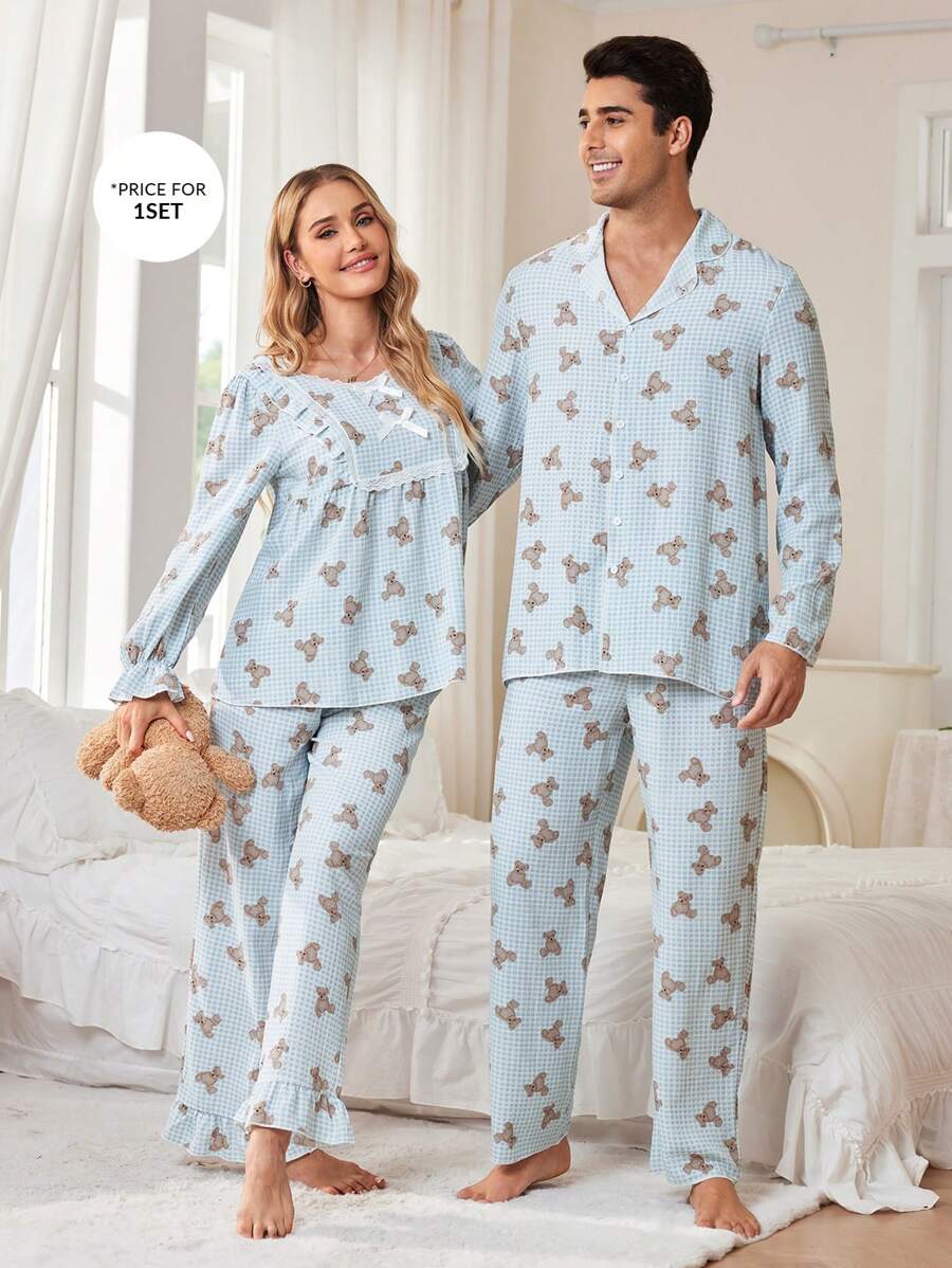 CoupledUp 浪更小熊印花翻领纽扣前男式睡衣套装 - 淺藍色 - 查看 1