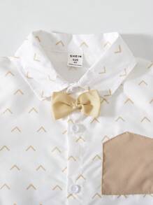 2 件套年轻男孩休闲领结印花长袖衬衫和背带裤套装，适合春秋季节 - 卡其色 - 查看 8