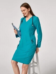 TaskEZ Solid Color V-Neck Long Sleeve Nurse Dress With Pocket - Dark Green - View 7