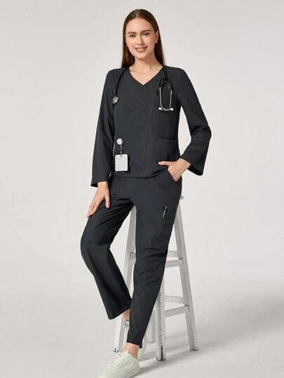 TaskEZ 2pcs Casual Minimalist Dual Pocket Zip-Up Long Sleeve Top And Pants Nursing Scrub Uniform Set, Autumn