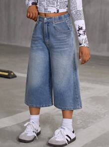 SHEIN Explorewe Quần Capri ống rộng bằng vải denim giặt sạch cổ điển cho bé gái tuổi mới lớn, dáng rộng thoải mái, mùa xuân hè - Rửa trung bình - Xem 3