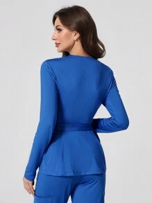 TaskEZ Women's Scrub Uniform Top With Zipper Placket And Ruffle Hem, Autumn - Blue - View 2