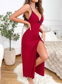 Solid Color Jacquard Hem Slit Minimalist Spaghetti Strap Dress