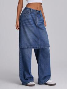 Forever 21 Fall&Winter Women Going Out Bottoms/Women Jeans Pants/Wide Leg/Straight Leg/Halloween Pants/Halloween Pants/Business Casual Women/Renaissance/Y2k/Homecoming/Vintage/Dark Blue/Street Wear/Baggy With Pockets/Skirt Front With Pants Back Style/Retro Washed Wide Leg Classic/ Jeans - Blue - View 6