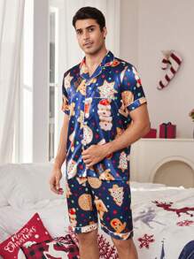 Bộ đồ ngủ nam bằng lụa giả in họa tiết ve áo theo chủ đề Giáng sinh - Màu xanh lam - Xem 4