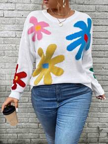 SHEIN Unity Plus Size Floral Print Crew Neck Long Sleeve Sweater Knit Pullover Fall Winter - White - View 3