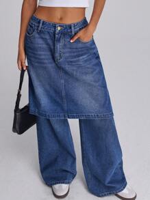 Forever 21 Fall&Winter Women Going Out Bottoms/Women Jeans Pants/Wide Leg/Straight Leg/Halloween Pants/Halloween Pants/Business Casual Women/Renaissance/Y2k/Homecoming/Vintage/Dark Blue/Street Wear/Baggy With Pockets/Skirt Front With Pants Back Style/Retro Washed Wide Leg Classic/ Jeans - Blue - View 3