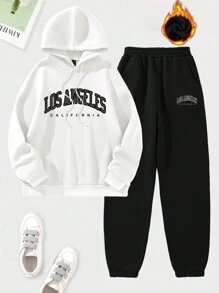 Hanevo 2 件套女士字母印花连帽衫和运动裤，休闲装 - 彩色 - 查看 1