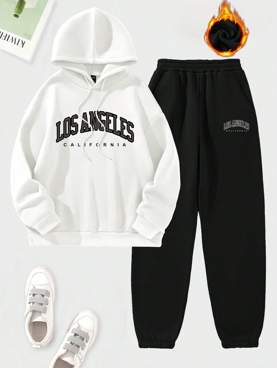 Hanevo 2 件套女士字母印花连帽衫和运动裤，休闲装 - 彩色 - 查看 1