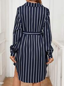 SHEIN Đầm dài tay in họa tiết sọc cho bà bầu buộc eo - Màu xanh hải quân - Xem 2