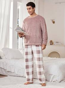 男士纯色毛绒上衣和格子裤家居服套装（2件套），秋冬装，蓬松舒适 - 藕粉色 - 查看 2