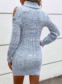 SHEIN LUNE Women High Collar Open Shoulder Long Sleeve Knit Sweater Dress, Mixed Fabric (Random Yarn Color), Autumn/Winter - Multicolor - View 2