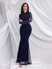 Elisanya Elegant Temperament Solid Color Hot Drill Rhinestone Stand Collar Long Sleeve Mermaid Gown Dresses For Banquet, Evening Party, Birthday Party - Navy Blue - View 2