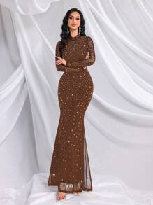 QOQ 优雅纯色烫钻立领长袖鱼尾礼服，适合宴会、晚宴、生日派对、婚礼、春季度假等场合。 - 咖啡棕 - 查看 2