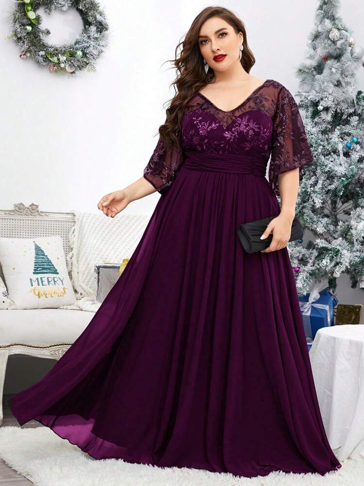 Vestido de Chiffon com Mangas Sino Transparentes, Bordado com Lantejoulas, Decote em V, Retalhos, Plus Size, Vestido de Festa Formal, para Convidado de Casamento, Formatura, Jantar, Festa, Vestido de Gala, Primavera, Férias - Violeta - Visão 1