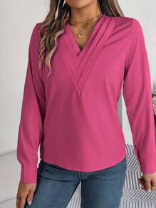 Elegant Solid Color Triple V-Neck Long Sleeve Blouse, Spring/Summer - 玫紅色 - 查看 5
