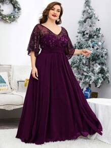 Plus Size V-Neck Sequin Embroidered Sheer Bell Sleeve Patchwork Chiffon Dress, Formal Evening Prom Dress, For Wedding Guest, Graduation, Dinner, Party Dress,Gown - Red Violet - View 4