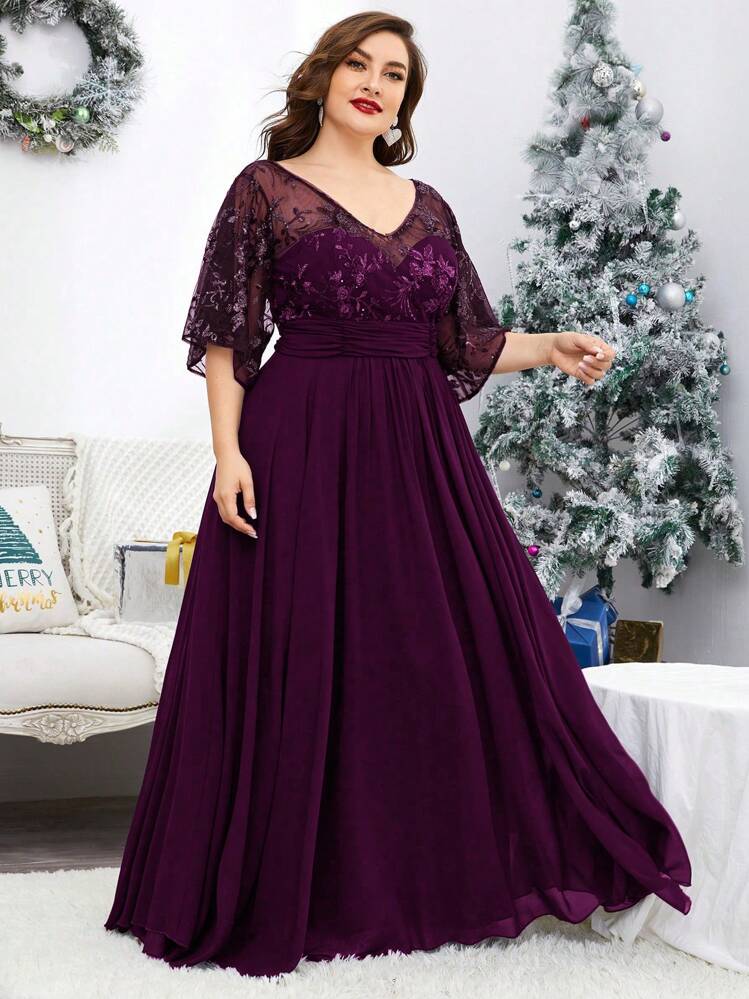 Plus Size V-Neck Sequin Embroidered Sheer Bell Sleeve Patchwork Chiffon Dress, Formal Evening Prom Dress, For Wedding Guest, Graduation, Dinner, Party Dress,Gown - Red Violet - View 4