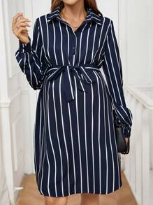 SHEIN Đầm dài tay in họa tiết sọc cho bà bầu buộc eo - Màu xanh hải quân - Xem 5