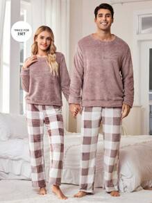 男士纯色毛绒上衣和格子裤家居服套装（2件套），秋冬装，蓬松舒适 - 藕粉色 - 查看 7