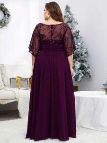 Plus Size V-Neck Sequin Embroidered Sheer Bell Sleeve Patchwork Chiffon Dress, Formal Evening Prom Dress, For Wedding Guest, Graduation, Dinner, Party Dress,Gown - Red Violet - View 2