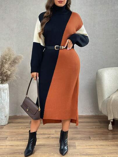 Calvaya 大码高领拼色优雅长袖修身超长毛衣裙，秋冬流行新款修身款
