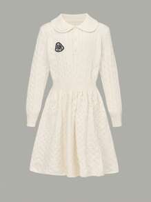 SHEIN Collegiate Style Embroidered Collar & Crochet Trim Dress, Elegant And Intellectual Design For Teen Girls