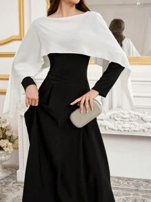 Modelyn Đầm dạ hội dài thanh lịch kết hợp đen trắng xếp ly cho nữ - màu đen - Xem 4