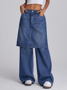 Forever 21 Fall&Winter Women Going Out Bottoms/Women Jeans Pants/Wide Leg/Straight Leg/Halloween Pants/Halloween Pants/Business Casual Women/Renaissance/Y2k/Homecoming/Vintage/Dark Blue/Street Wear/Baggy With Pockets/Skirt Front With Pants Back Style/Retro Washed Wide Leg Classic/ Jeans - Blue - View 1