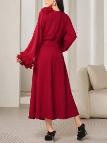 Modelyn 1 件女式 V 领褶皱荷叶边拼接腰部喇叭形中长连衣裙长款晚礼服 - 紅色 - 查看 2