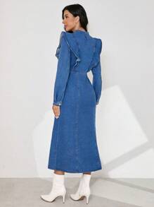 SHEIN Essnce Women's Denim Blue Puff Sleeve Waist Cinched Dress - Blue - View 6