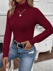 EMERY ROSE Women's Plain High Neck Long Sleeve Fleece Casual Sweater, Autumn/Winter, Long Sleeve Top Knit Pullover Fall - Burgundy - View 6
