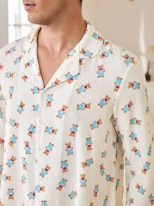 CoupledUp Cute Blue Bear Print Lapel Cardigan Men Sleepwear Set