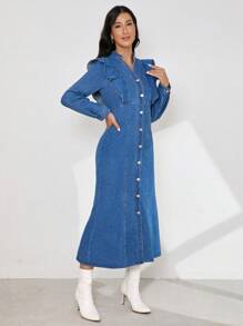 SHEIN Essnce Women's Denim Blue Puff Sleeve Waist Cinched Dress - Blue - View 7