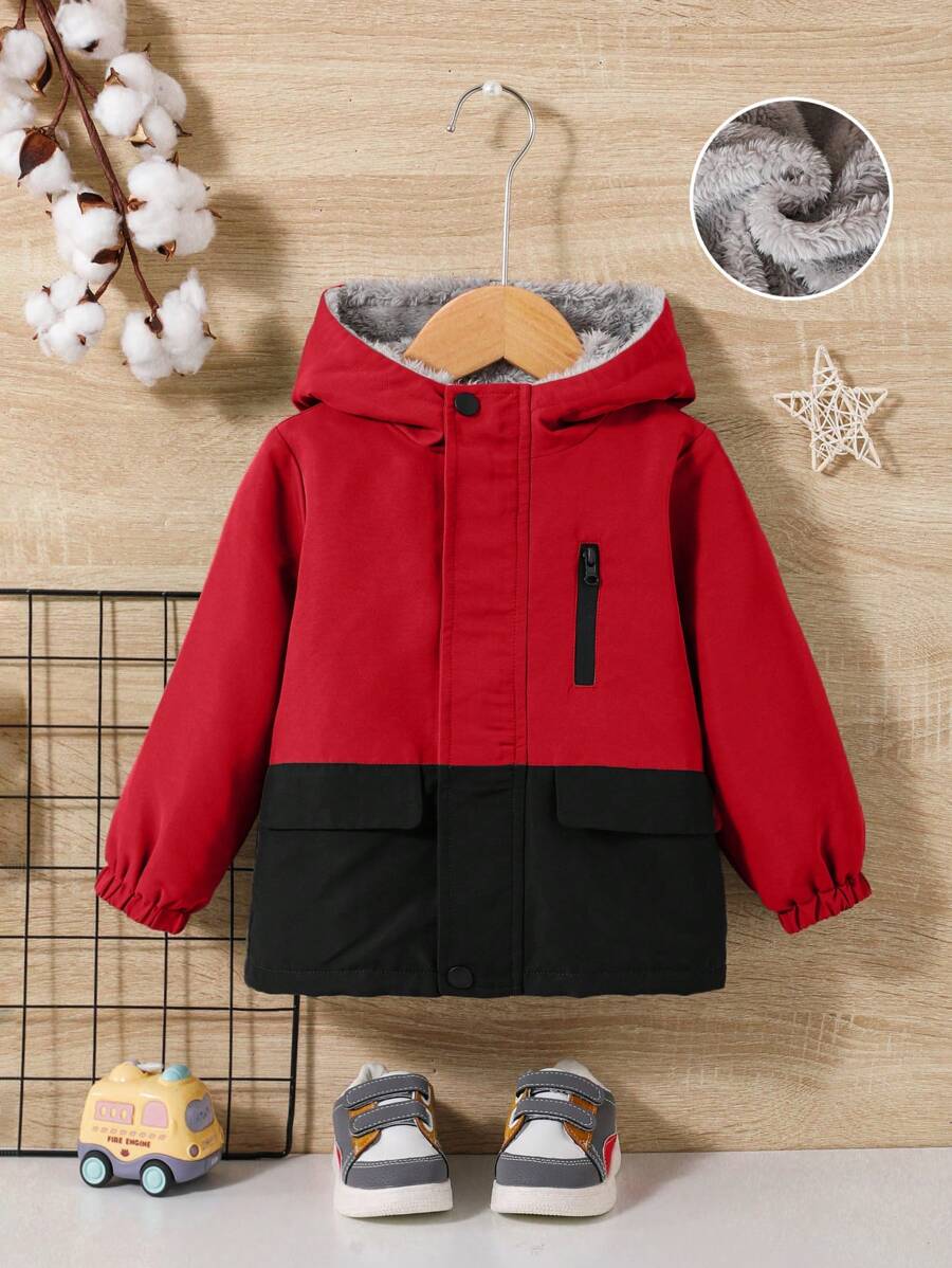 SHEIN Unisex Baby Contrast Color Splice Thicken Hooded Jacket - Multicolor - View 1