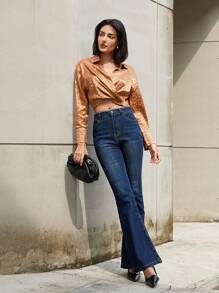 SHEIN Privé Elegant Fashion Stylish Keyhole Cutout Shoulder Front Button Closure Fit And Flare Long Sleeve Dress Fall Cloth For Women - Coffee Brown - View 6