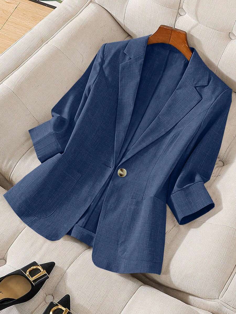 Franclia Linen Blend Tailored Collar Fitted 3/4 Sleeve Blazer For Commuting - Navy Blue - View 1