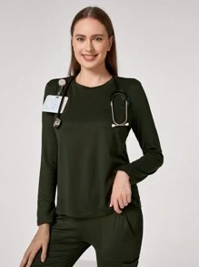 TaskEZ 1pc Solid Color Long Sleeve Nursing Scrub Uniform Top With Pocket - Army Green - View 6