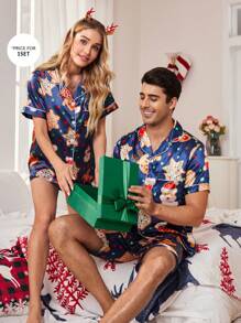 Bộ đồ ngủ nam bằng lụa giả in họa tiết ve áo theo chủ đề Giáng sinh - Màu xanh lam - Xem 1