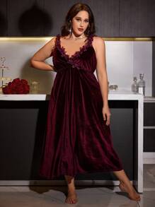 Floral Trim Spaghetti Strap Plunge Neck Velvet Maxi Nightgown - Burgundy - View 3