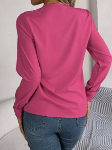 Elegant Solid Color Triple V-Neck Long Sleeve Blouse, Spring/Summer - 玫紅色 - 查看 2
