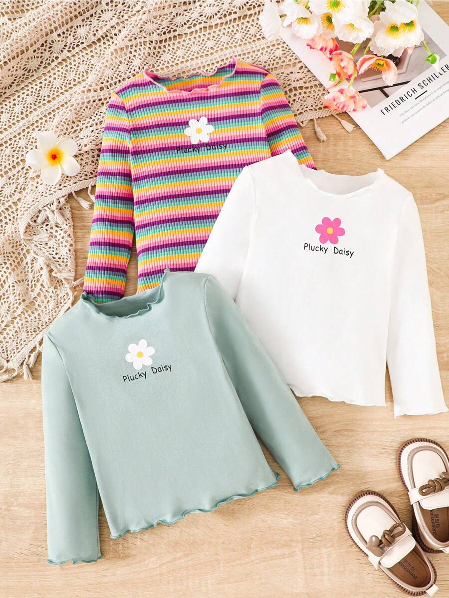 SHEIN Áo thun dài tay họa tiết rau diếp đơn giản cổ tròn màu trơn cho bé gái 3 món/bộ - màu xanh lá - Xem 1