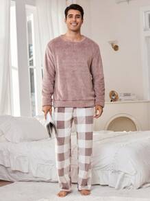 男士纯色毛绒上衣和格子裤家居服套装（2件套），秋冬装，蓬松舒适 - 藕粉色 - 查看 4